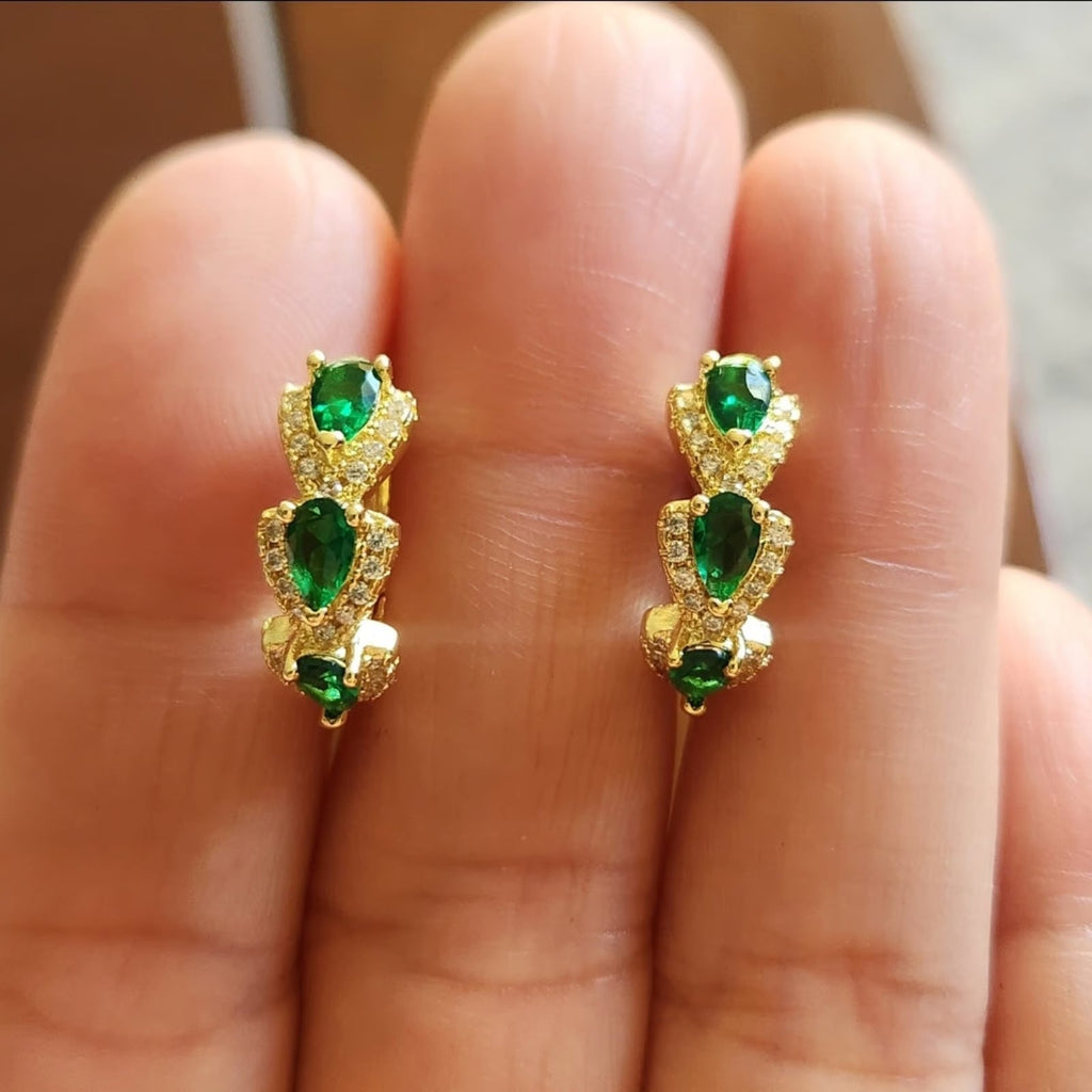 Green Stone Mini Hoop Earrings in Gold Tone