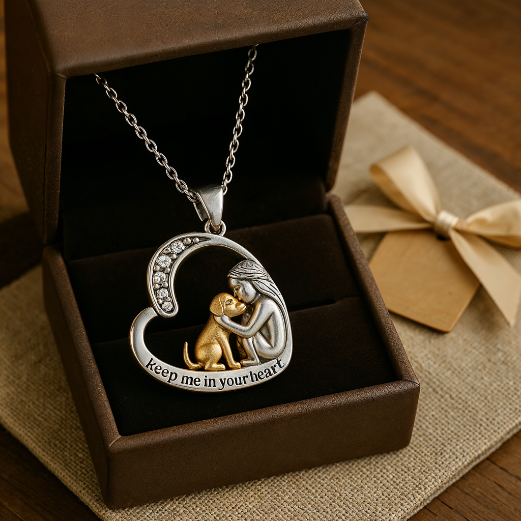 Silver-Tone Heart Necklace with Dog and Zirconia
