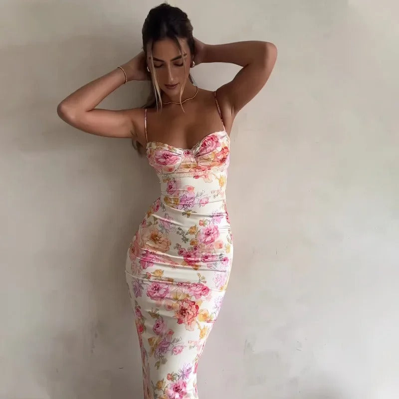 Floral Sleeveless Straight-Cut Slim Midi Dress