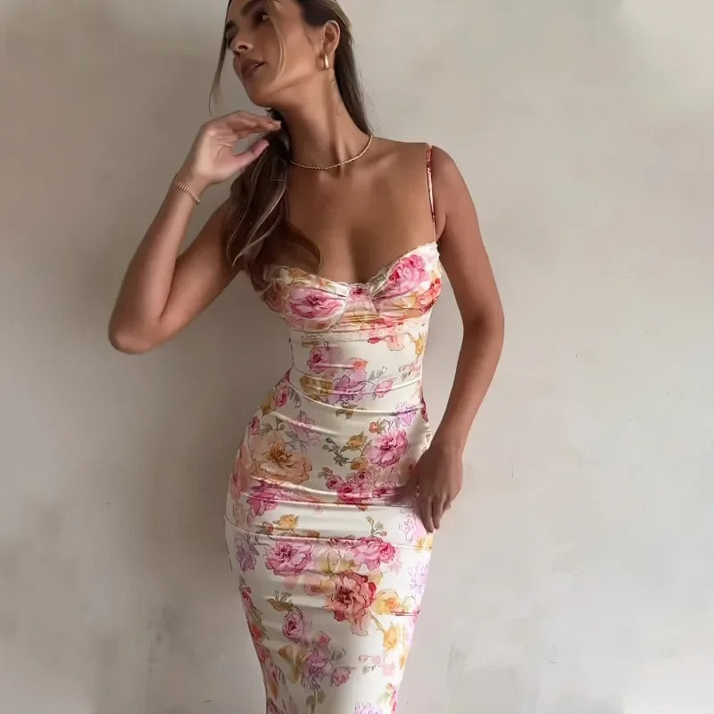 Floral Sleeveless Straight-Cut Slim Midi Dress