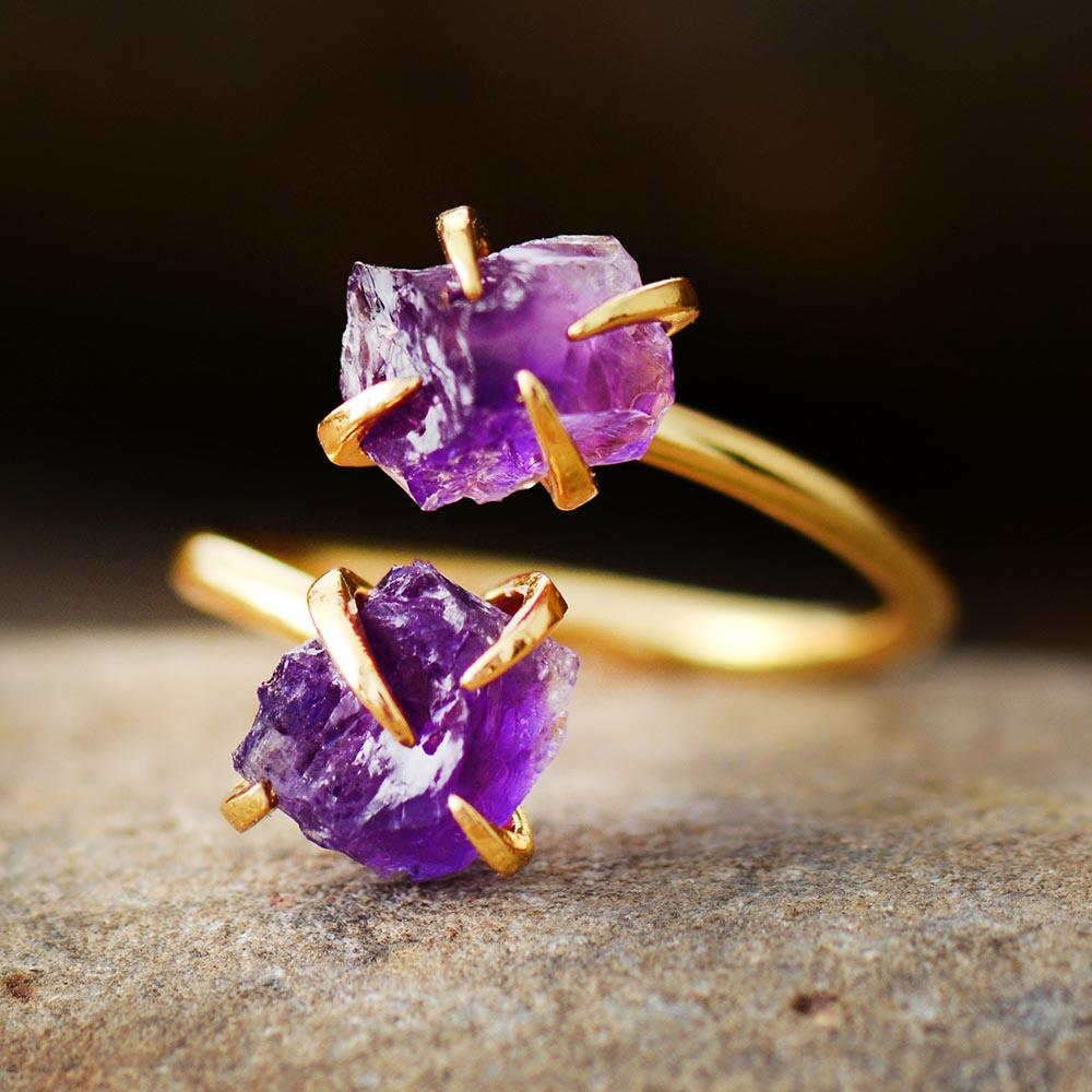 Adjustable Raw Stone Ring in Amethyst and Quartz