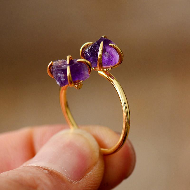 Adjustable Raw Stone Ring in Amethyst and Quartz