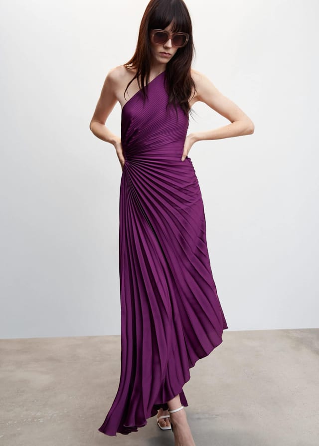 One-Shoulder Pleated Asymmetric Hem Maxi Dress