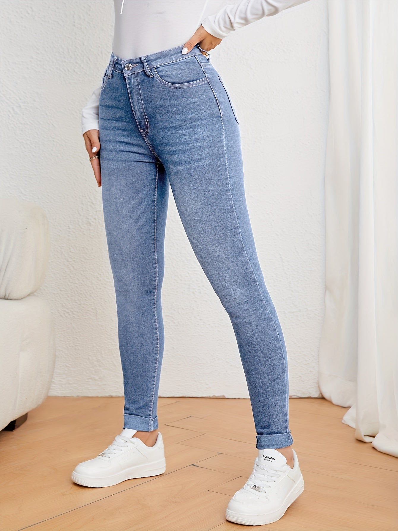 Slim fit jeans met hoge taille in washed stretchdenim