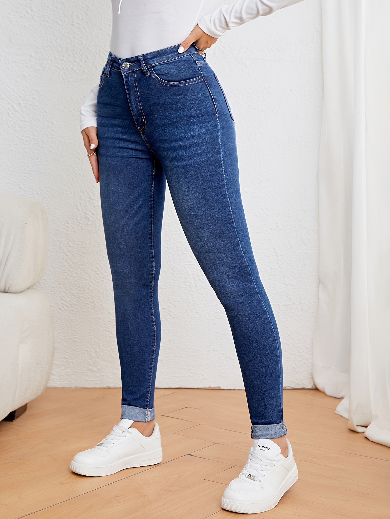 Slim fit jeans met hoge taille in washed stretchdenim