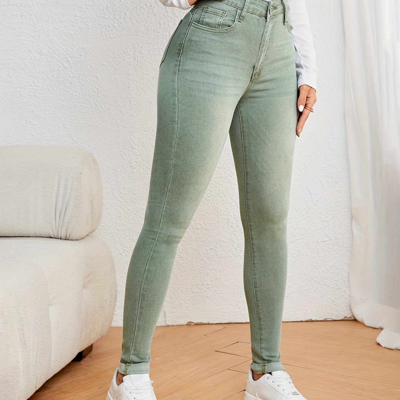 Slim fit jeans met hoge taille in washed stretchdenim