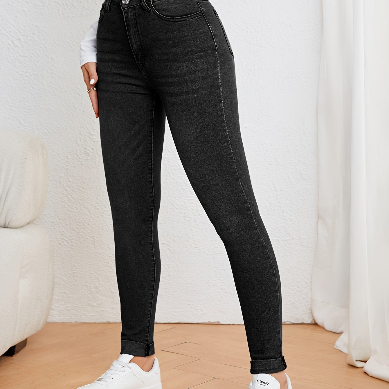 Slim fit jeans met hoge taille in washed stretchdenim