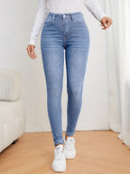 Slim fit jeans met hoge taille in washed stretchdenim