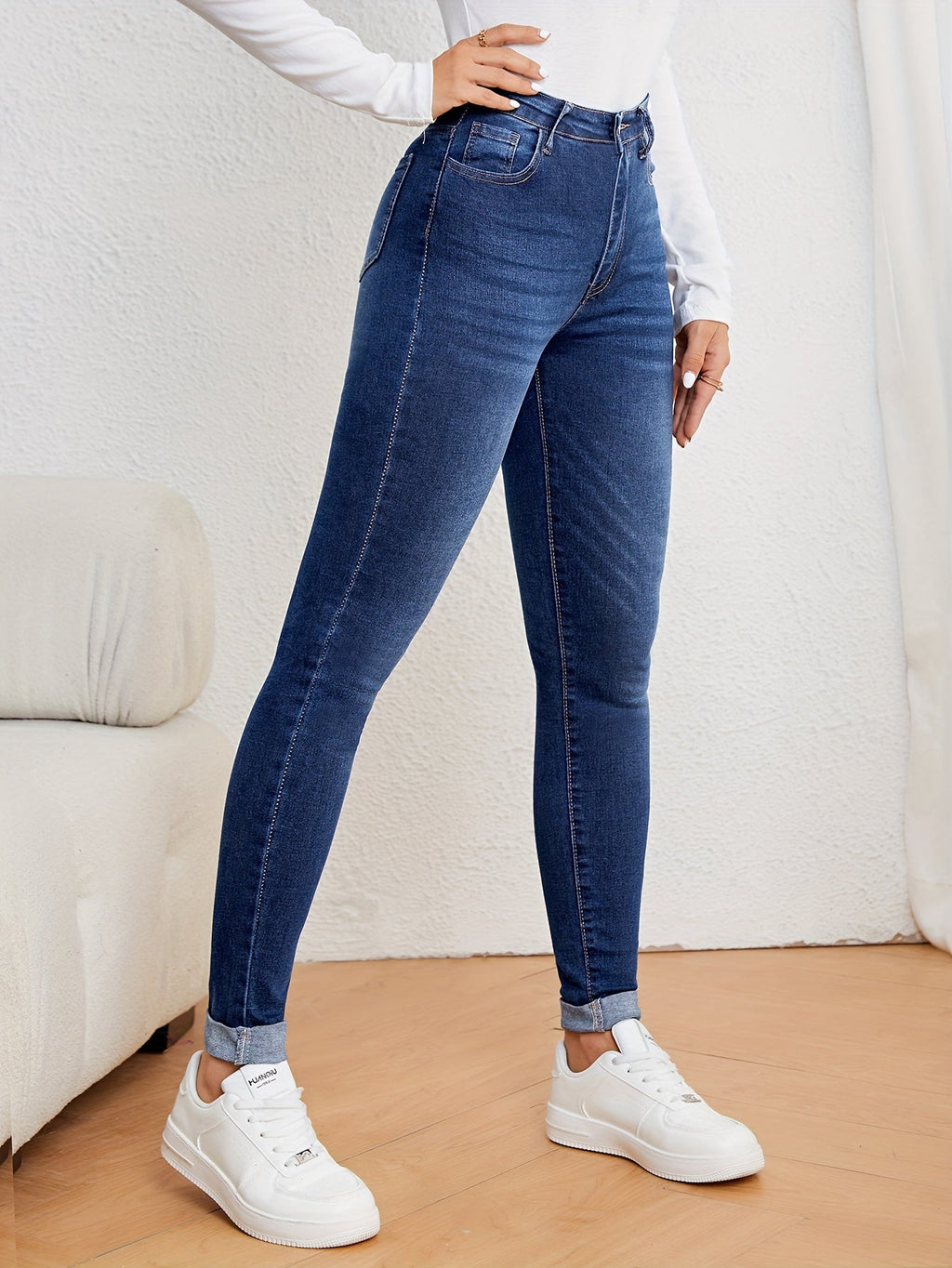 Slim fit jeans met hoge taille in washed stretchdenim