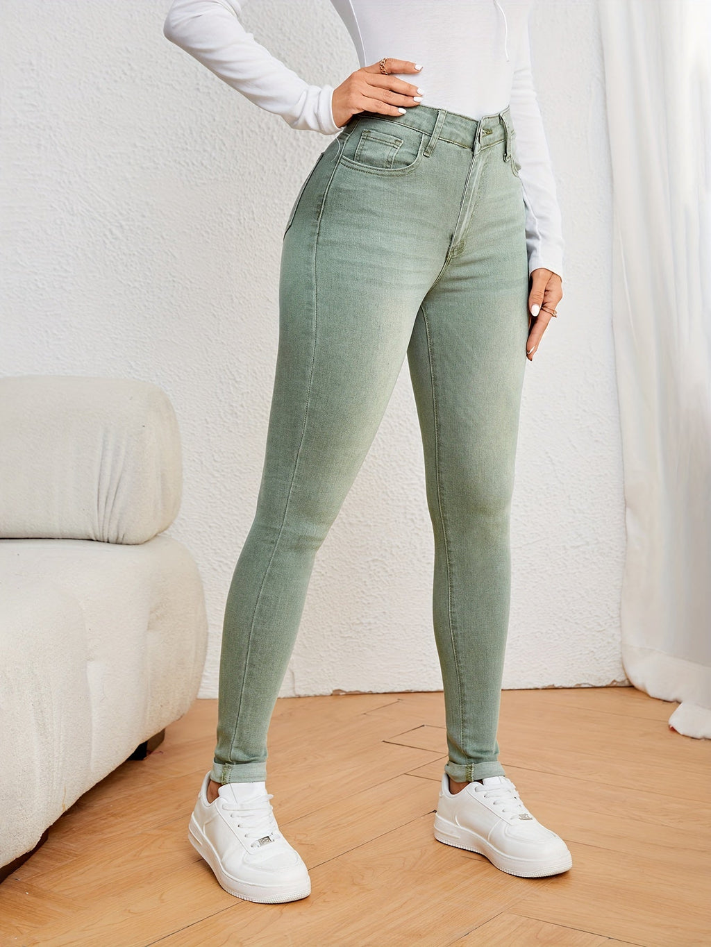 Slim fit jeans met hoge taille in washed stretchdenim