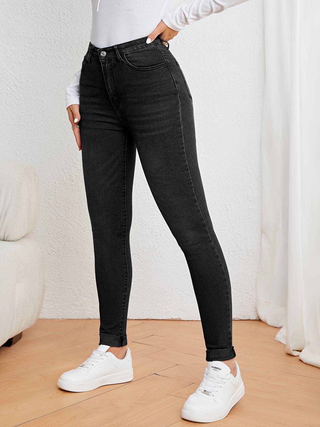 Slim fit jeans met hoge taille in washed stretchdenim