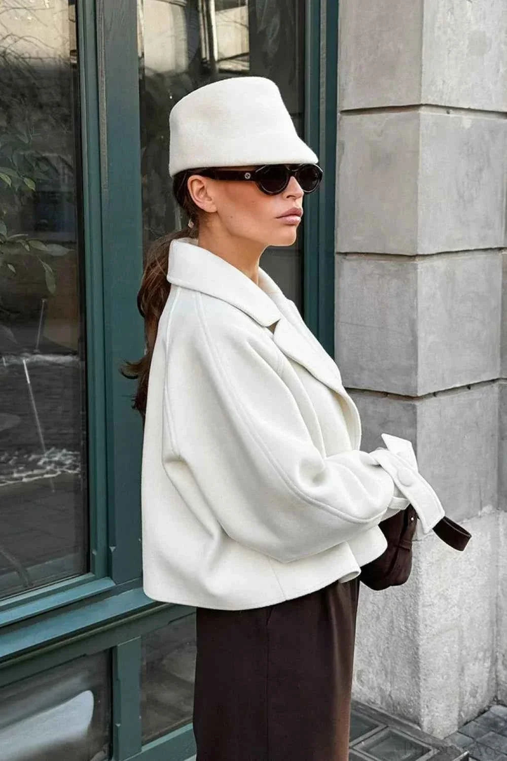 Short Coat with Notched Lapel Collar and Raglan Sleeves