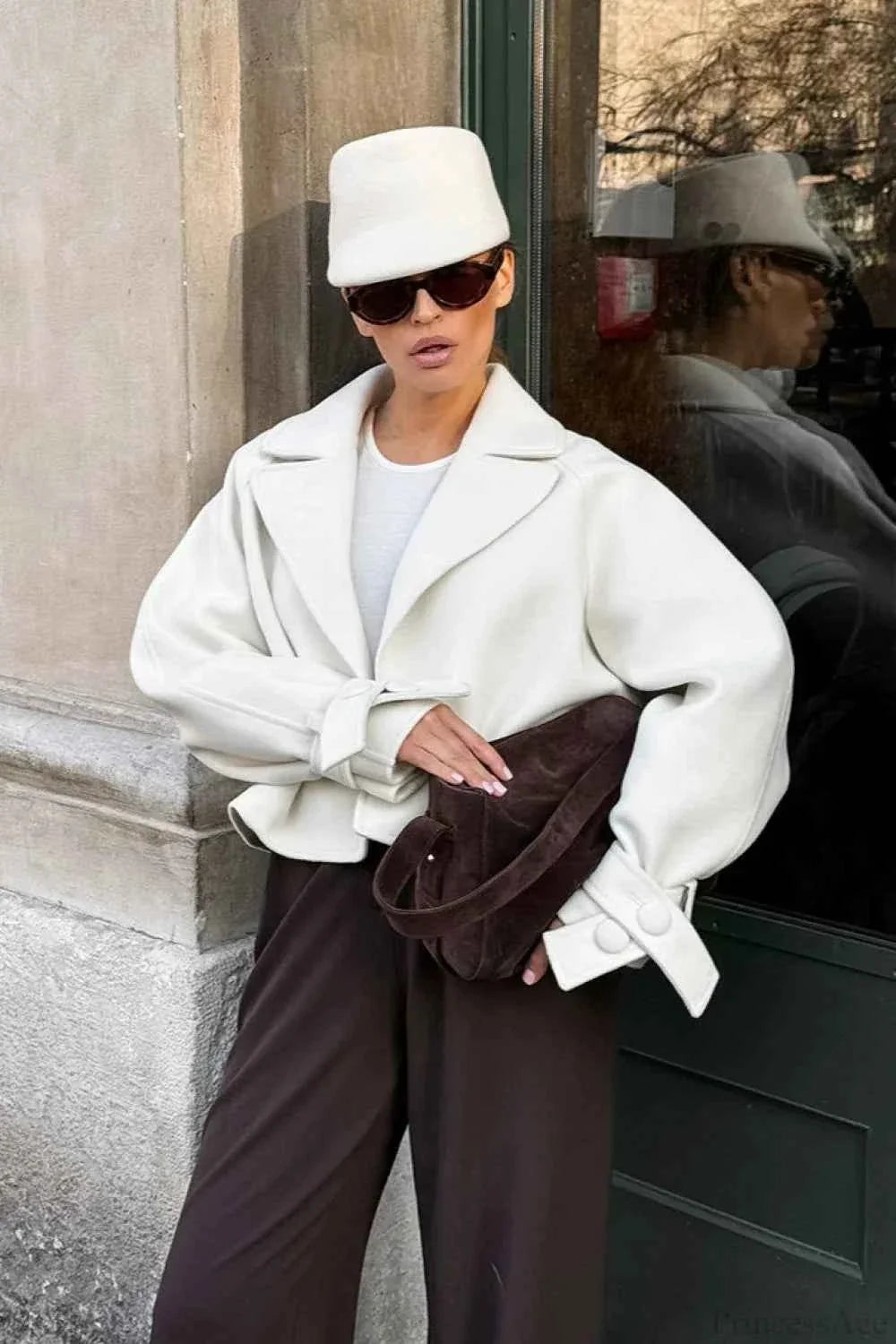 Short Coat with Notched Lapel Collar and Raglan Sleeves