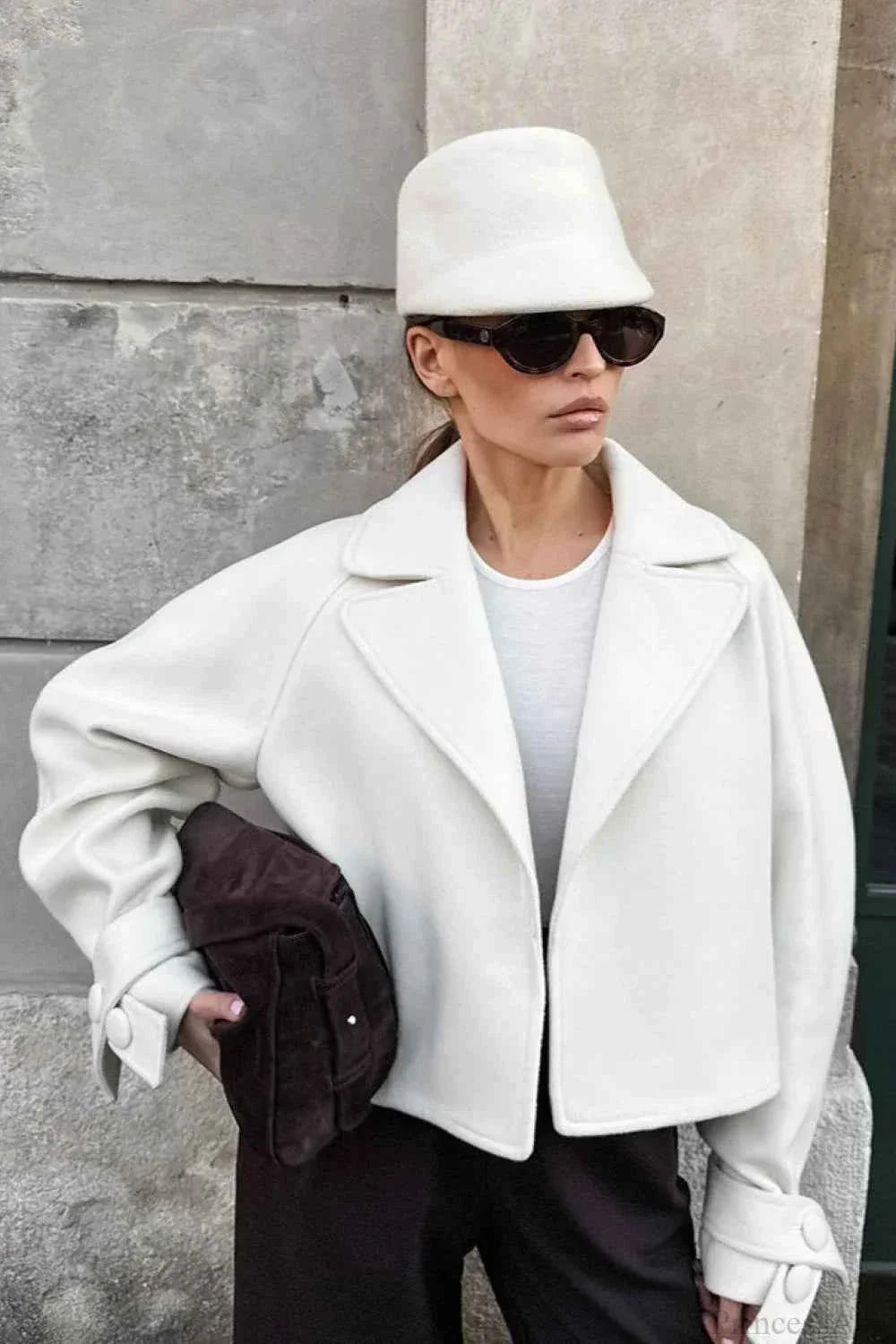 Short Coat with Notched Lapel Collar and Raglan Sleeves