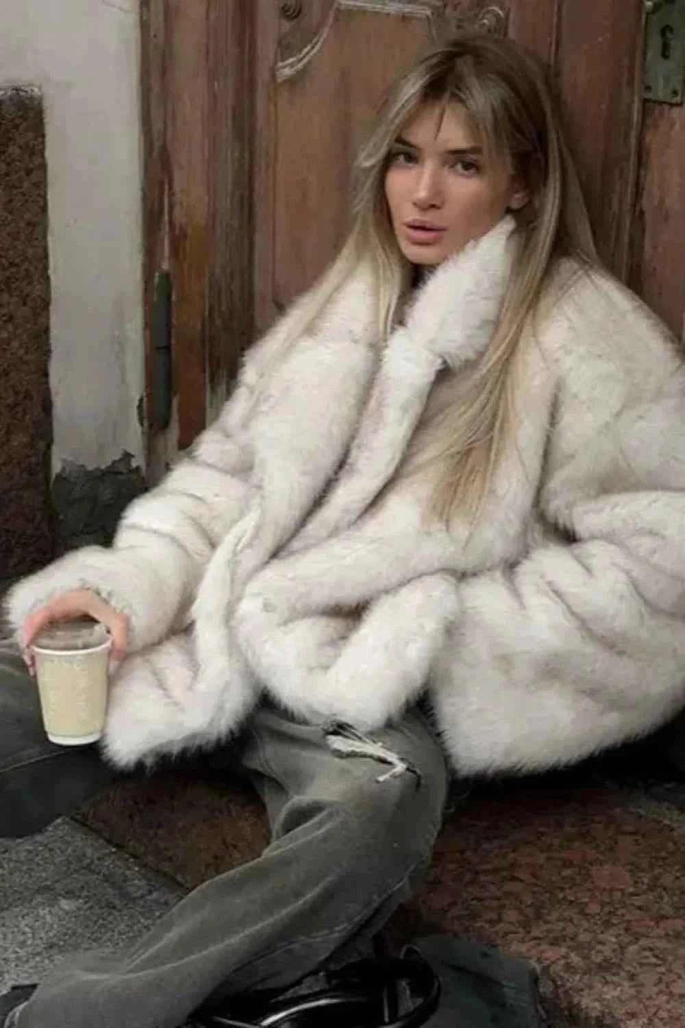 Oversized Faux Fur Coat with Notched Collar and Plush Pile