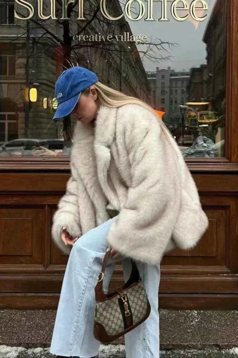 Oversized Faux Fur Coat with Notched Collar and Plush Pile
