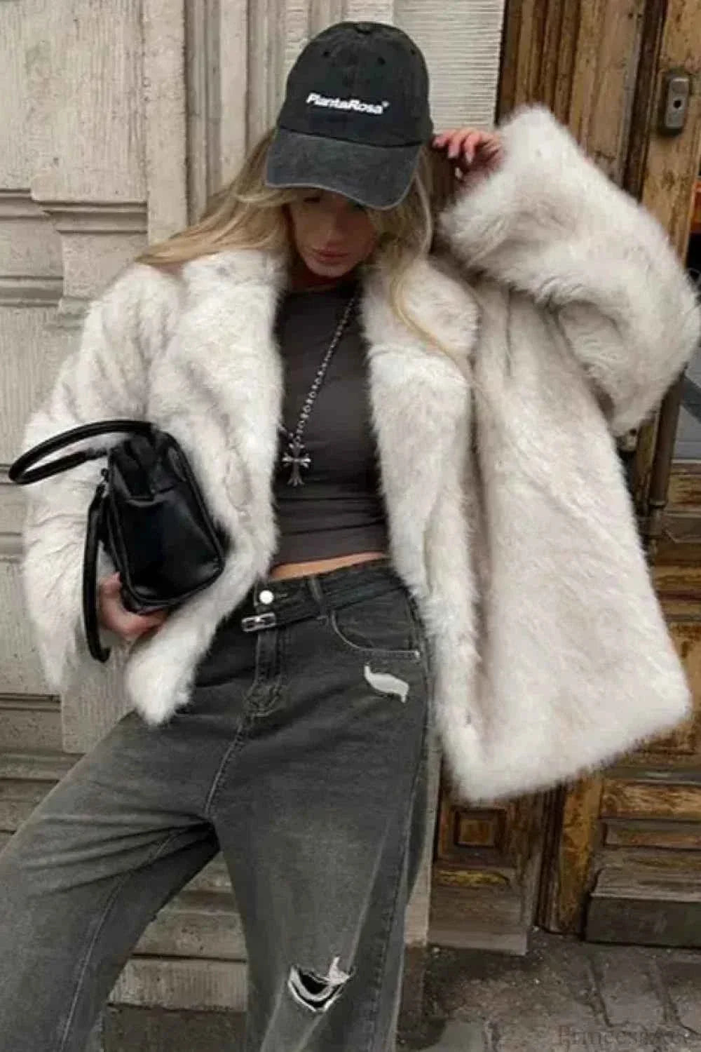 Oversized Faux Fur Coat with Notched Collar and Plush Pile