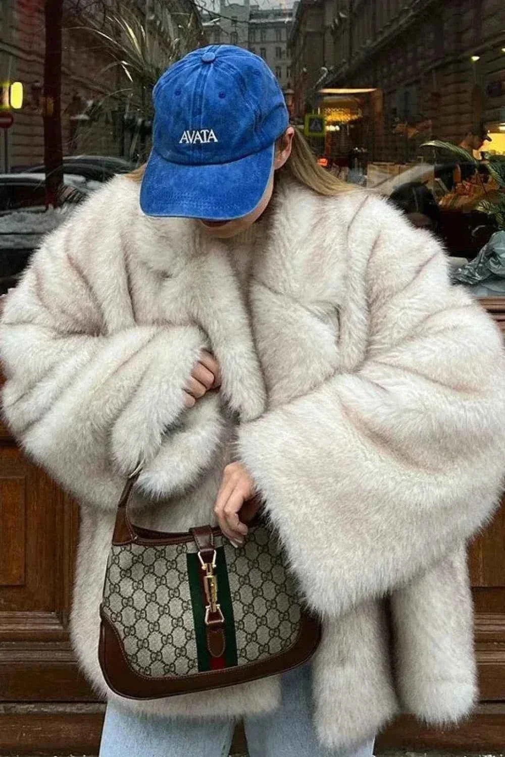 Oversized Faux Fur Coat with Notched Collar and Plush Pile