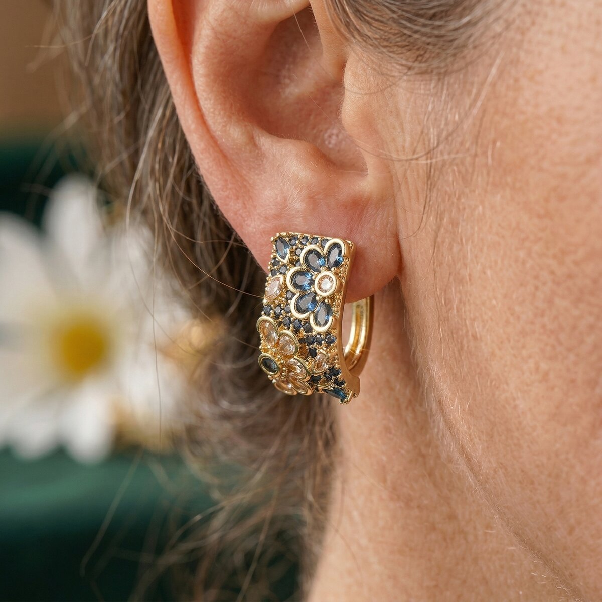 Vintage-Style Blue Zirconia Hoop Earrings