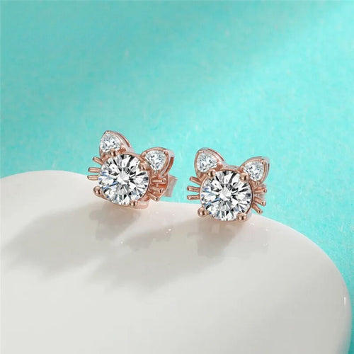 925 Sterling Silver Moissanite Cat Stud Earrings in Rose Gold Tone