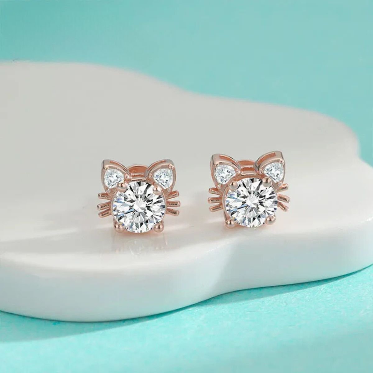 925 Sterling Silver Moissanite Cat Stud Earrings in Rose Gold Tone