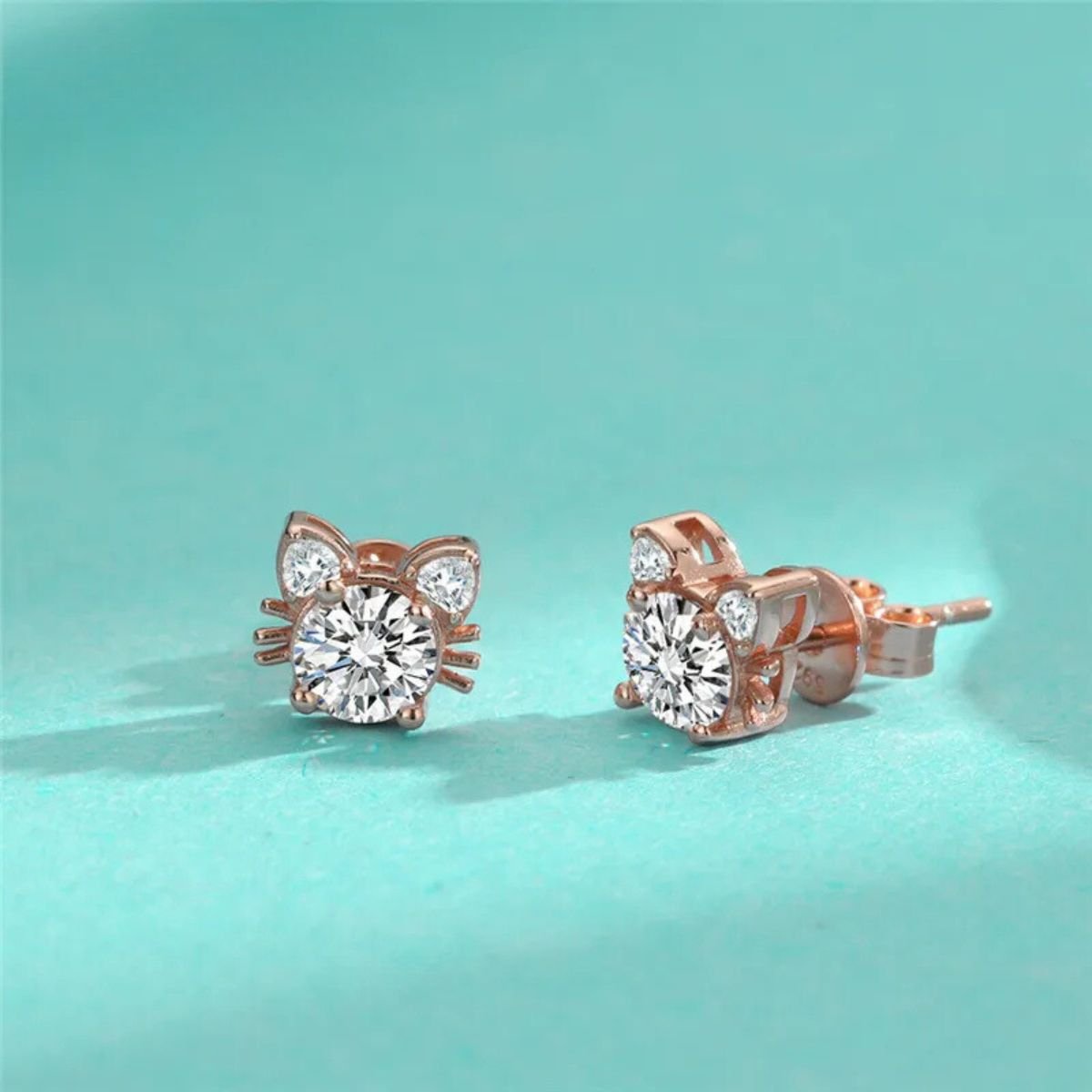 925 Sterling Silver Moissanite Cat Stud Earrings in Rose Gold Tone