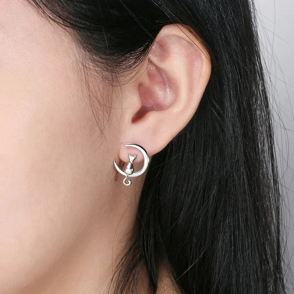 Sterling Silver Moon and Cat Stud Earrings