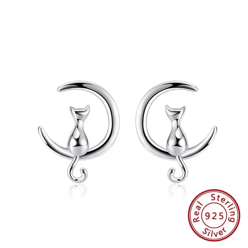 Sterling Silver Moon and Cat Stud Earrings