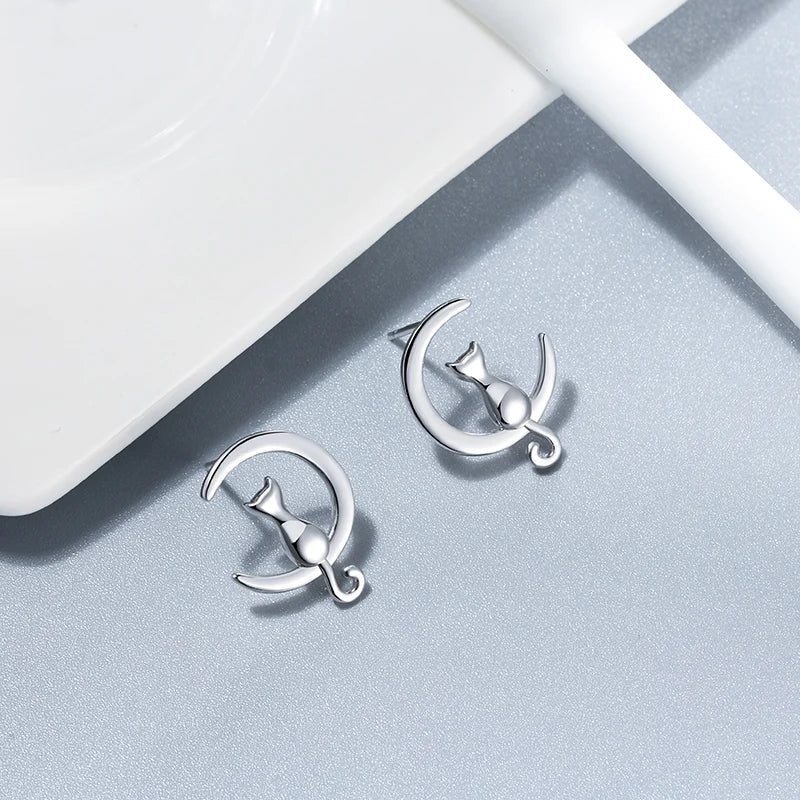 Sterling Silver Moon and Cat Stud Earrings