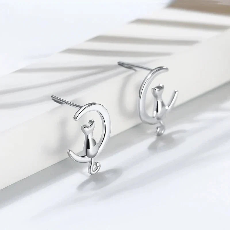 Sterling Silver Moon and Cat Stud Earrings