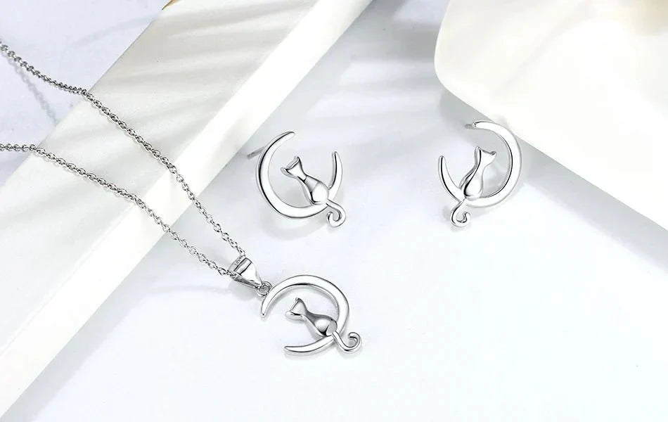 Sterling Silver Moon and Cat Stud Earrings