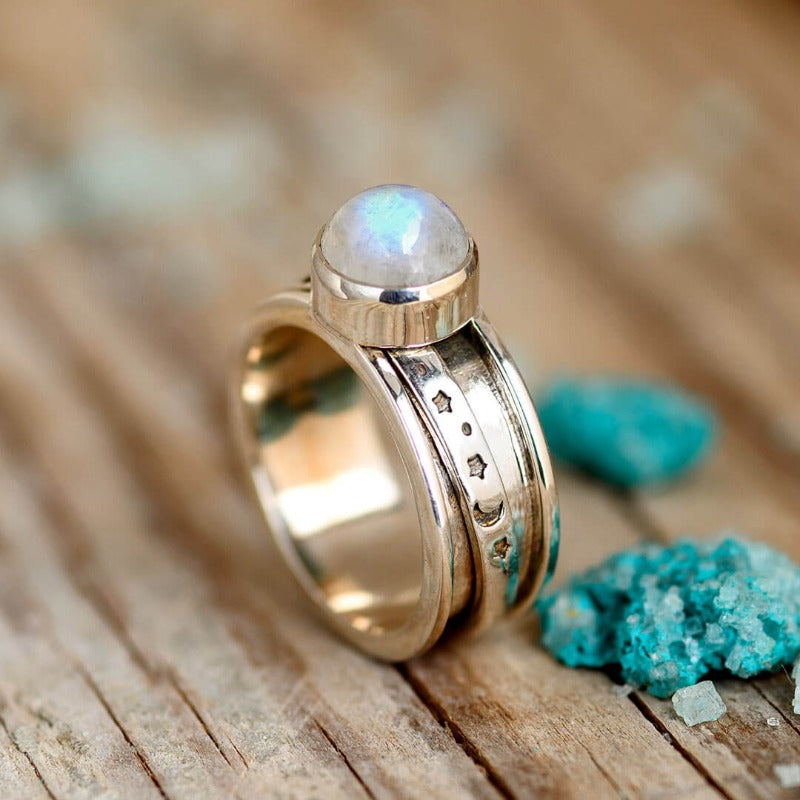 Celestial Stars, Moon and Moonstone Fidget Silver-Tone Ring