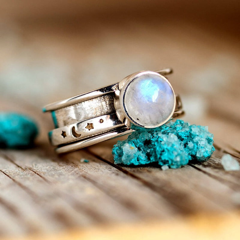 Celestial Stars, Moon and Moonstone Fidget Silver-Tone Ring