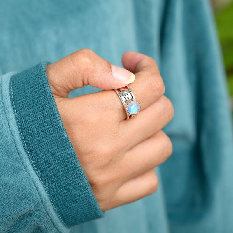Celestial Stars, Moon and Moonstone Fidget Silver-Tone Ring