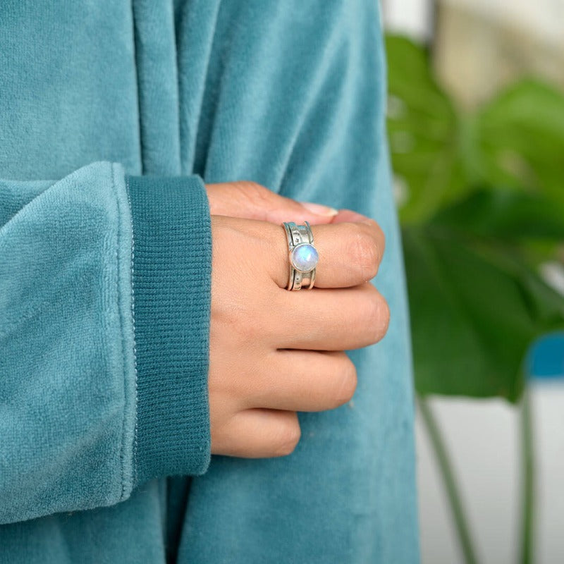 Celestial Stars, Moon and Moonstone Fidget Silver-Tone Ring