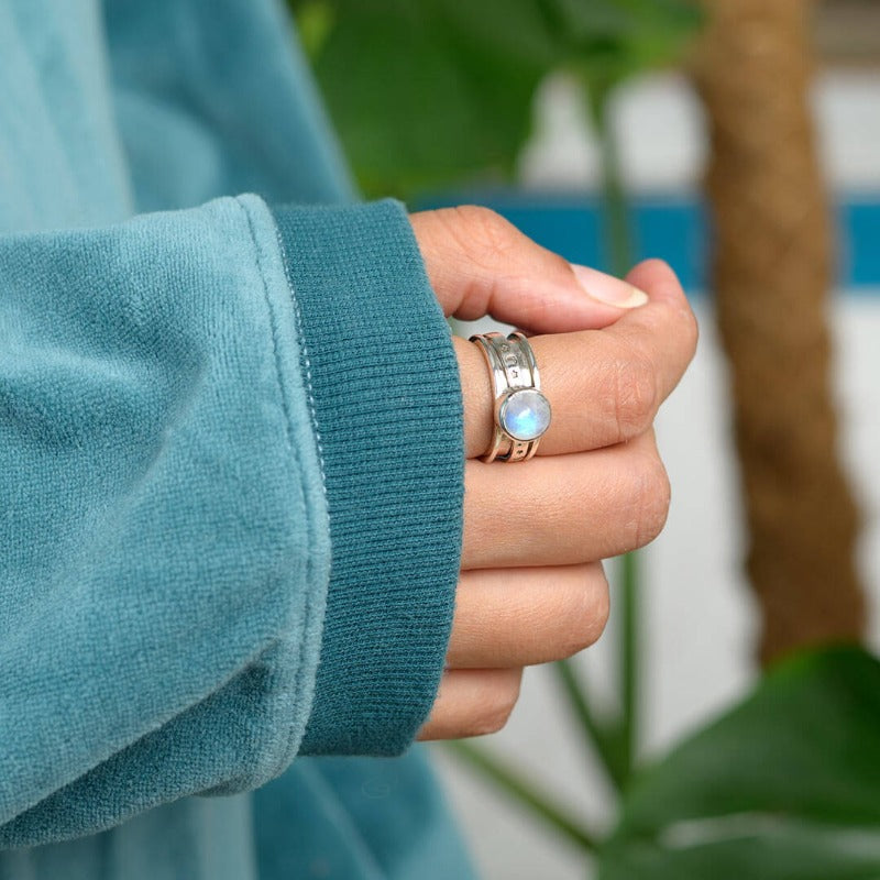 Celestial Stars, Moon and Moonstone Fidget Silver-Tone Ring