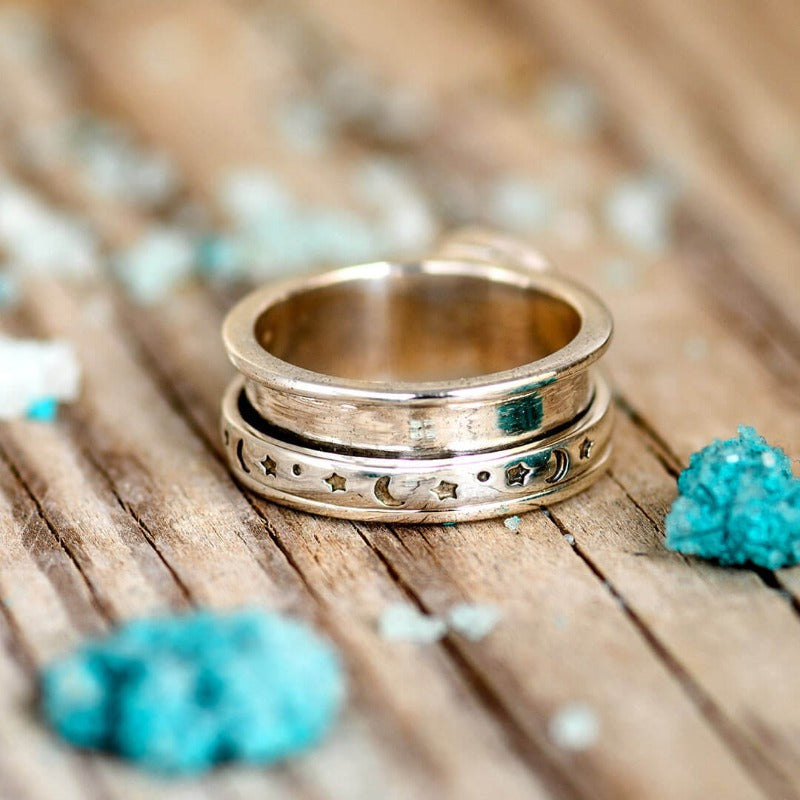 Celestial Stars, Moon and Moonstone Fidget Silver-Tone Ring