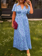 Floral V-Neck Flutter Sleeve Waist-Seam Maxi Dress