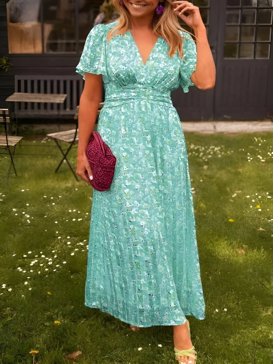 Floral V-Neck Flutter Sleeve Waist-Seam Maxi Dress