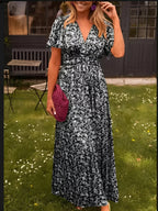 Floral V-Neck Flutter Sleeve Waist-Seam Maxi Dress