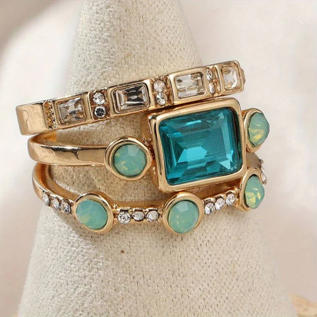 Stapelringenset met vierkant blauw kristal en tweekleurige banden