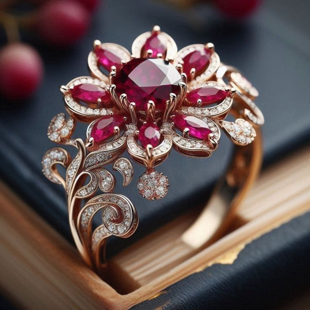 Goudkleurige ring met rode bloem