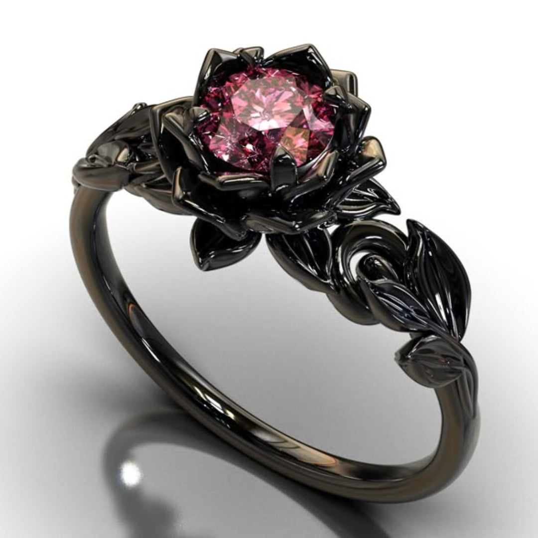 Zwarte ring met rode kristallen bloem