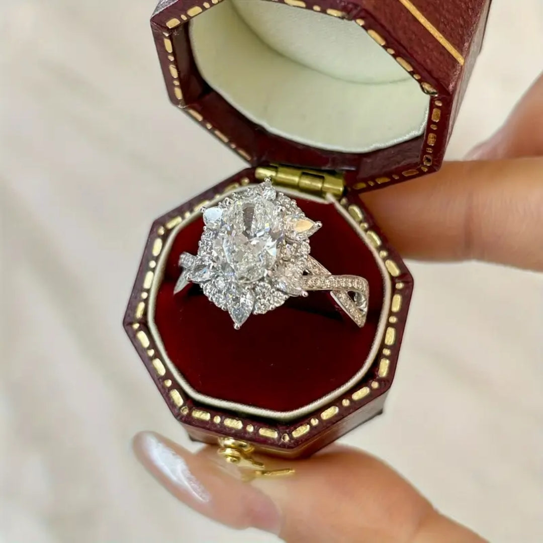 Crystal Glass Cluster Ring with Gold-Tone Floral Setting