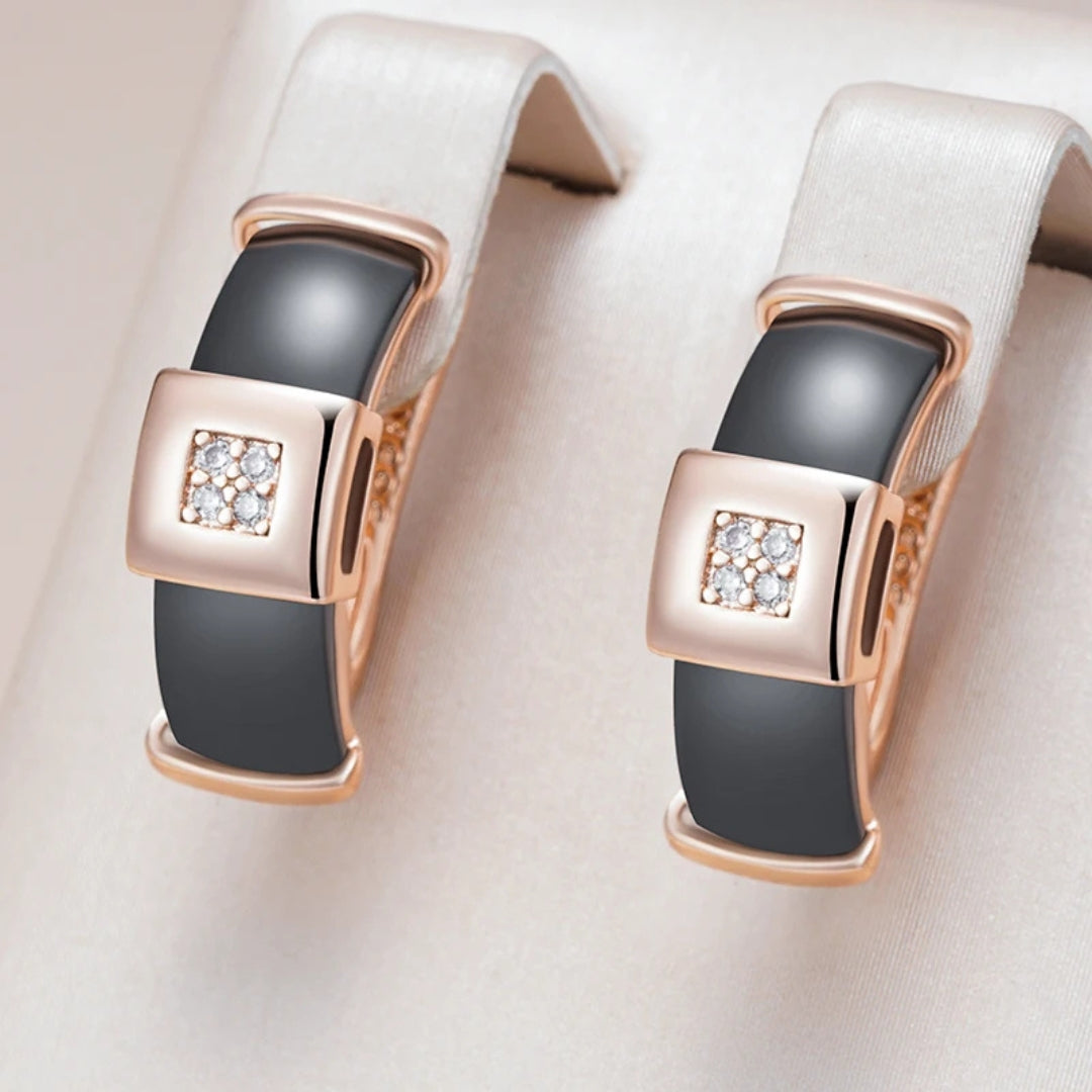 Black Enamel Rectangle Huggie Earrings