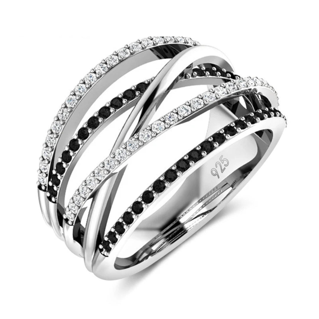 Gelaagde zilverkleurige ring met zwart kristal
