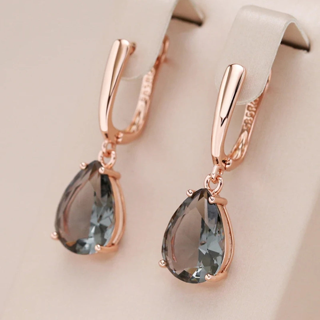 Dark Green Teardrop Crystal Earrings in Rose Gold Tone