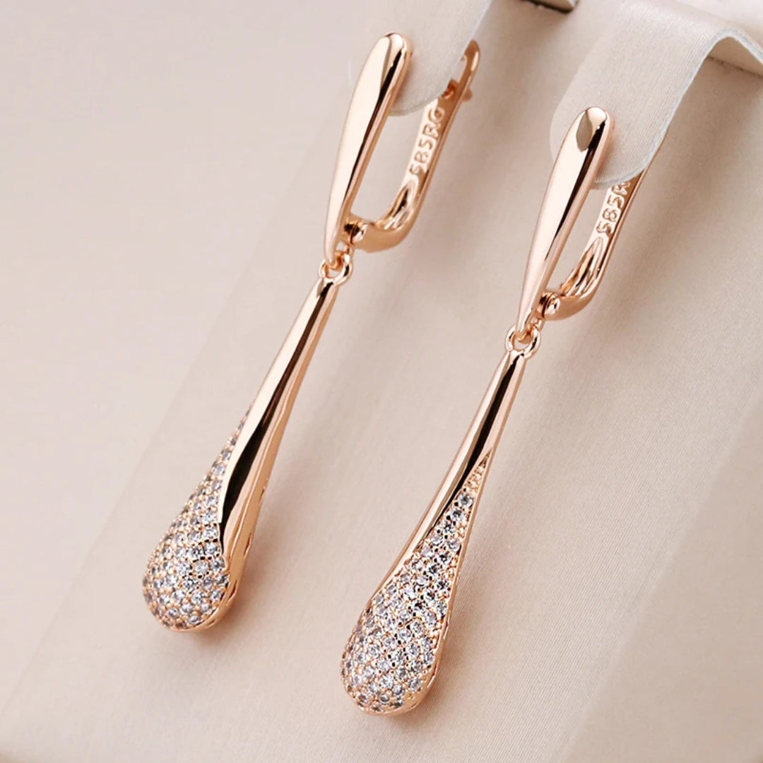 Pavé Teardrop Long Drop Earrings in Rose Gold Tone
