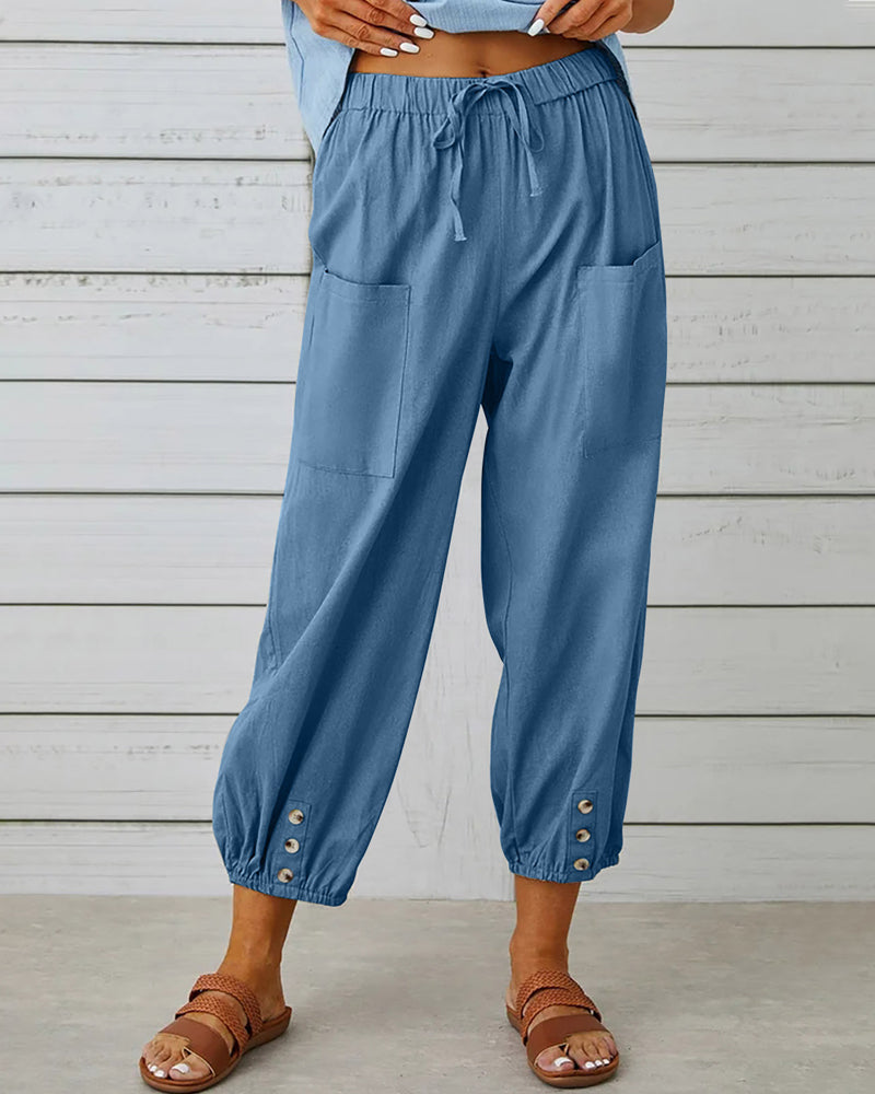 Katoenen broek met hoge taille, koord en zakken opzij