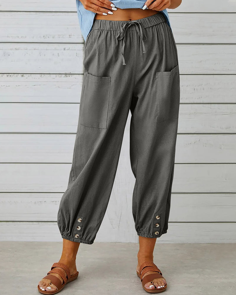 Katoenen broek met hoge taille, koord en zakken opzij